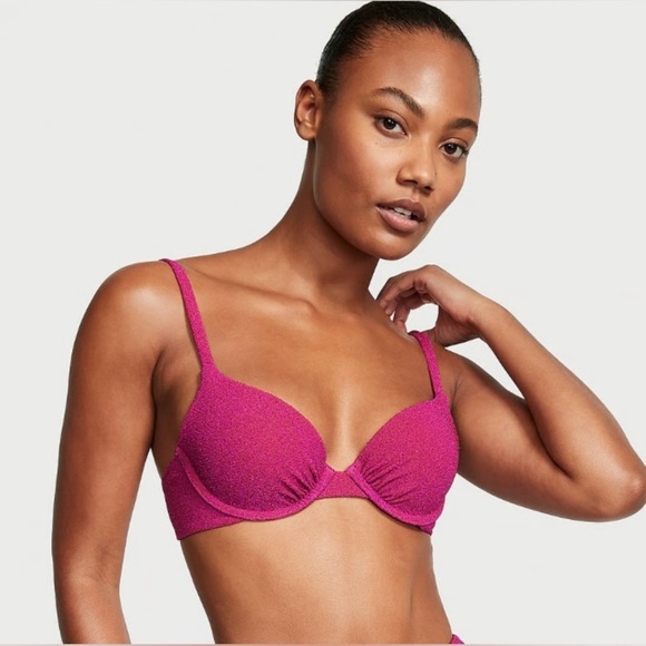 Victoria’s Secret Bikini Set M Pink Shimmer Underwire Top & Tie Bottom Swim NWT - Picture 11 of 13